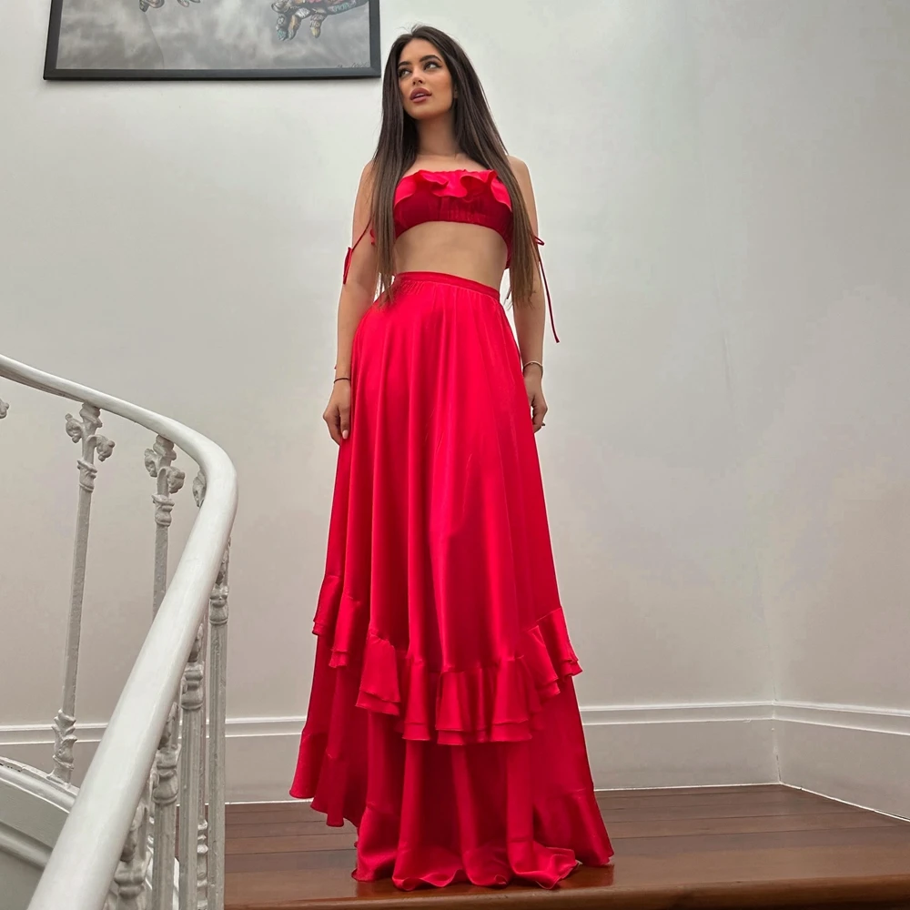 

Two Piece Set Women Prom Dress Satin Ruffle Tube Top Crop Top Maxi Floor Length Skirt Party Dress Sexy Elegant Evening Gown