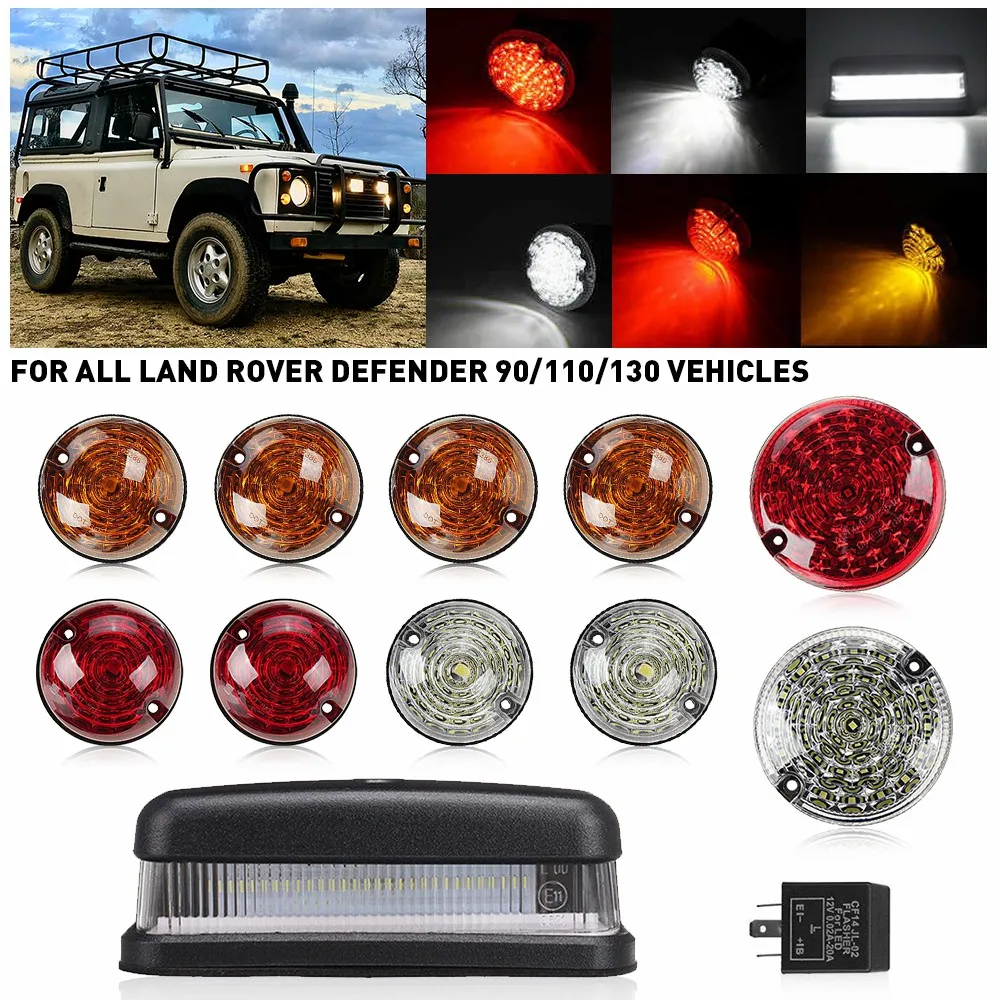 11Pcs/set Front Rear Sidelight Front Indicator Fog Reversing License Plate Light with LED Flasher Unit for Land Rover 90/110