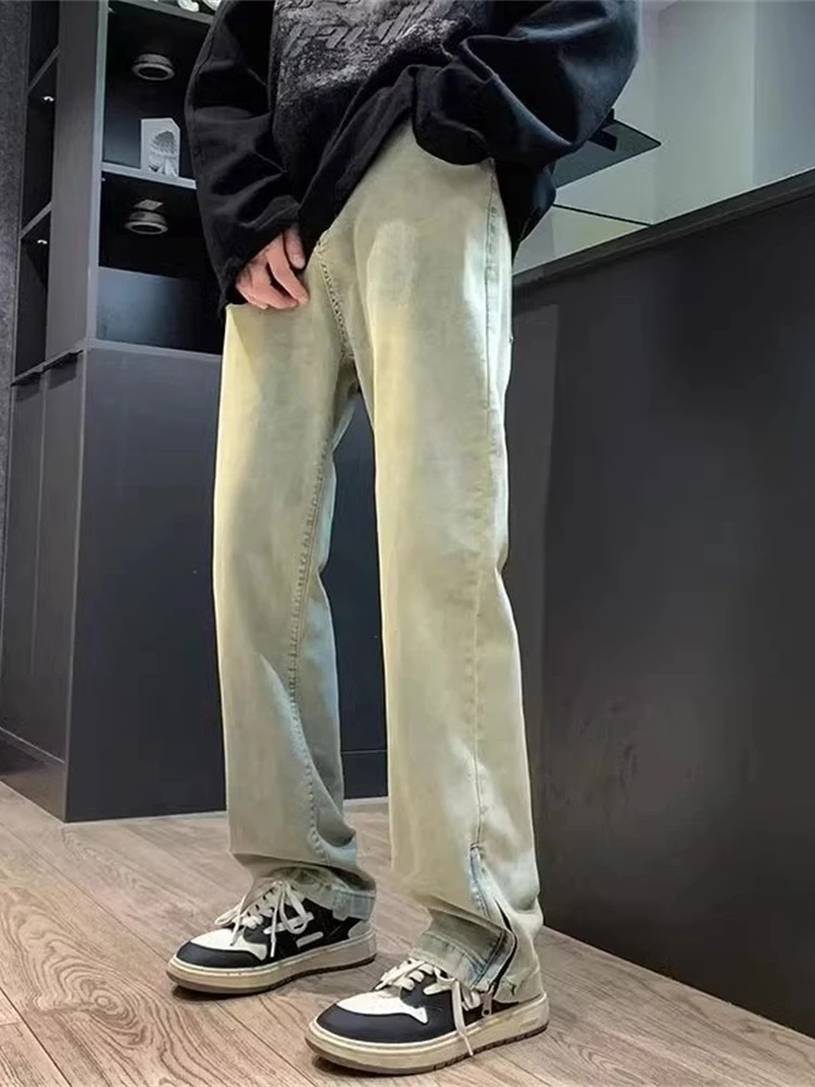 

Мужские джинсы American Sle прямого кроя на молнии, весна-осень, в уличном стиле, узкие повседневные брюки, окрашенные в желтый цвет.