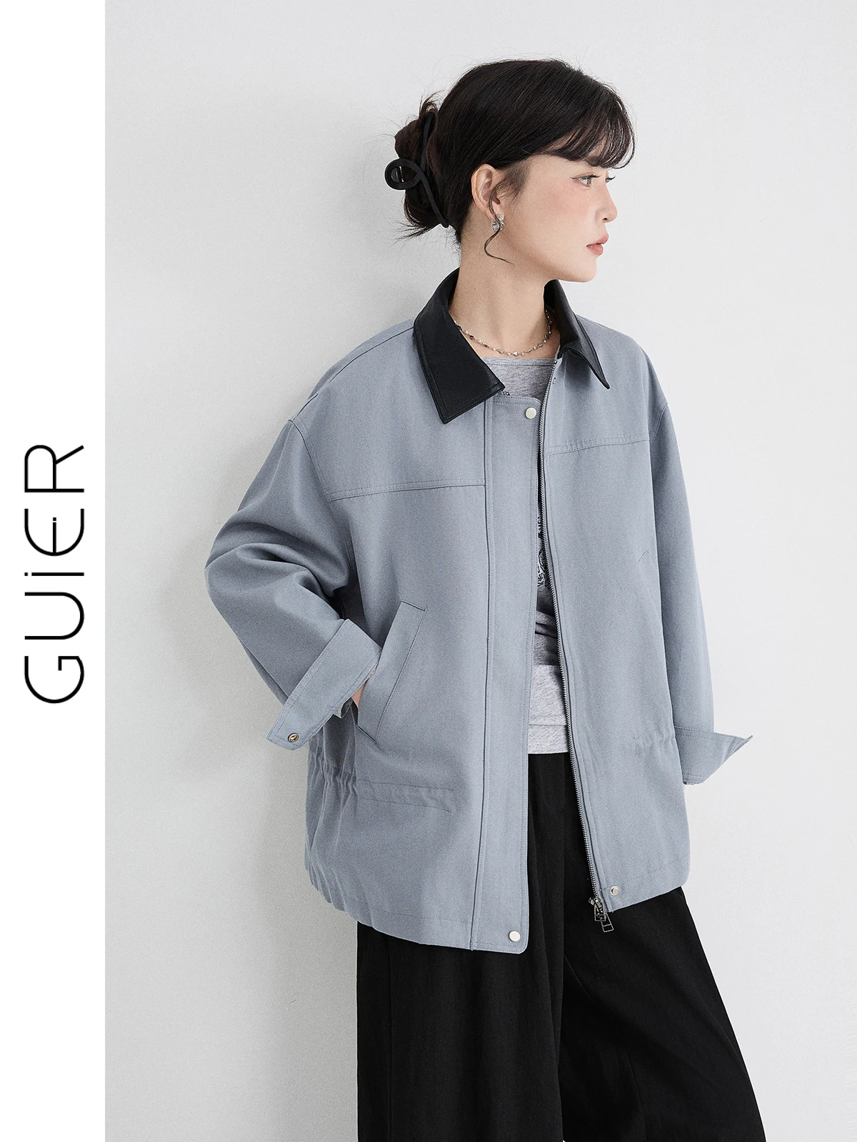 

Casual Loose Collar Jaet Women's Spring New Sle Splicing Oversize Leisure Top Zipper Decoration Long Sve Regular Length