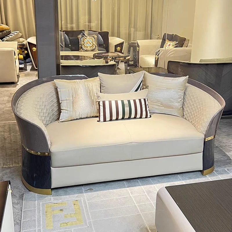 Italian light luxury leather sofa combination villa living room large flat layer small waist backrest sofa new high-end