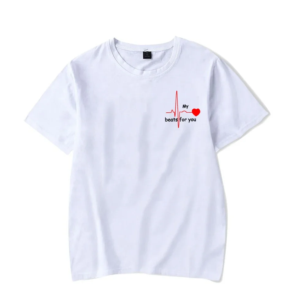 夏のカップルハートビートフォーユープリント Tシャツカジュアル女性男性 Tシャツカップル Tシャツ O ネックトップス原宿愛好家の服