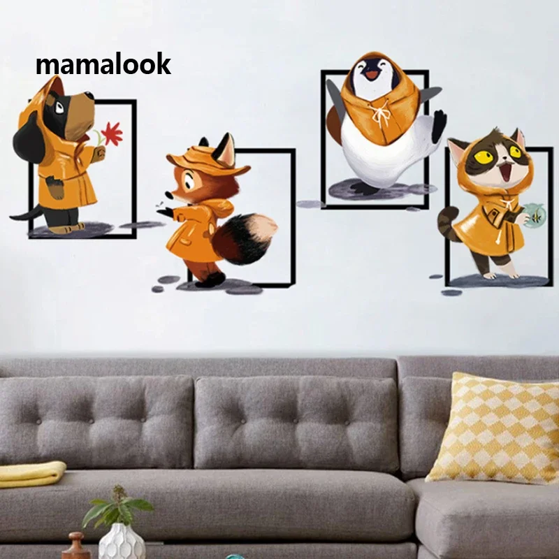 

Cartoon animals It's raining Wall sticker Dogs Cats Fox Penguins Art decals kids rooms Bedroom living room stickers home decor