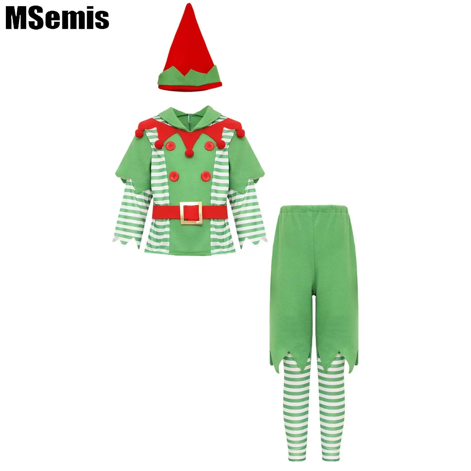 Kids Velvet Christmas Costume Set Christmas Elf Costume Long Sleeve Tops with Shorts Hat Waistband And Leg Warmer Costume Set