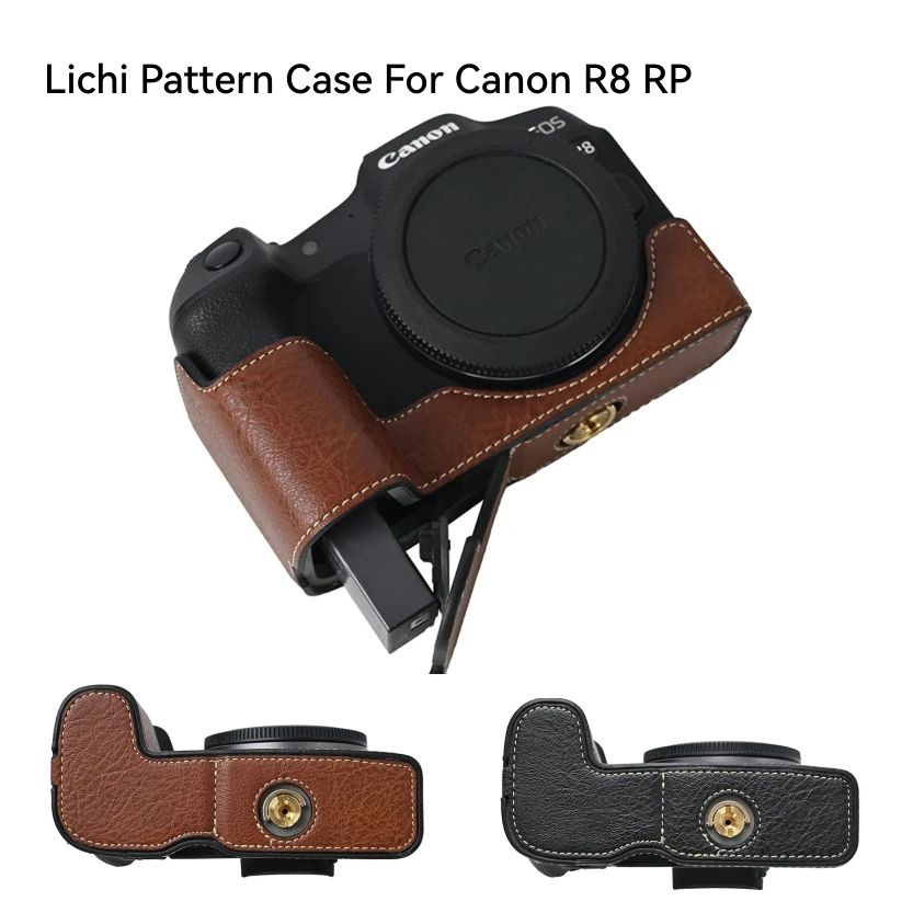 Litchi/Oil Pattern PU Leather Camera Half Body Bottom Case for Canon EOS R8 RP Bottom Openning Base Cover
