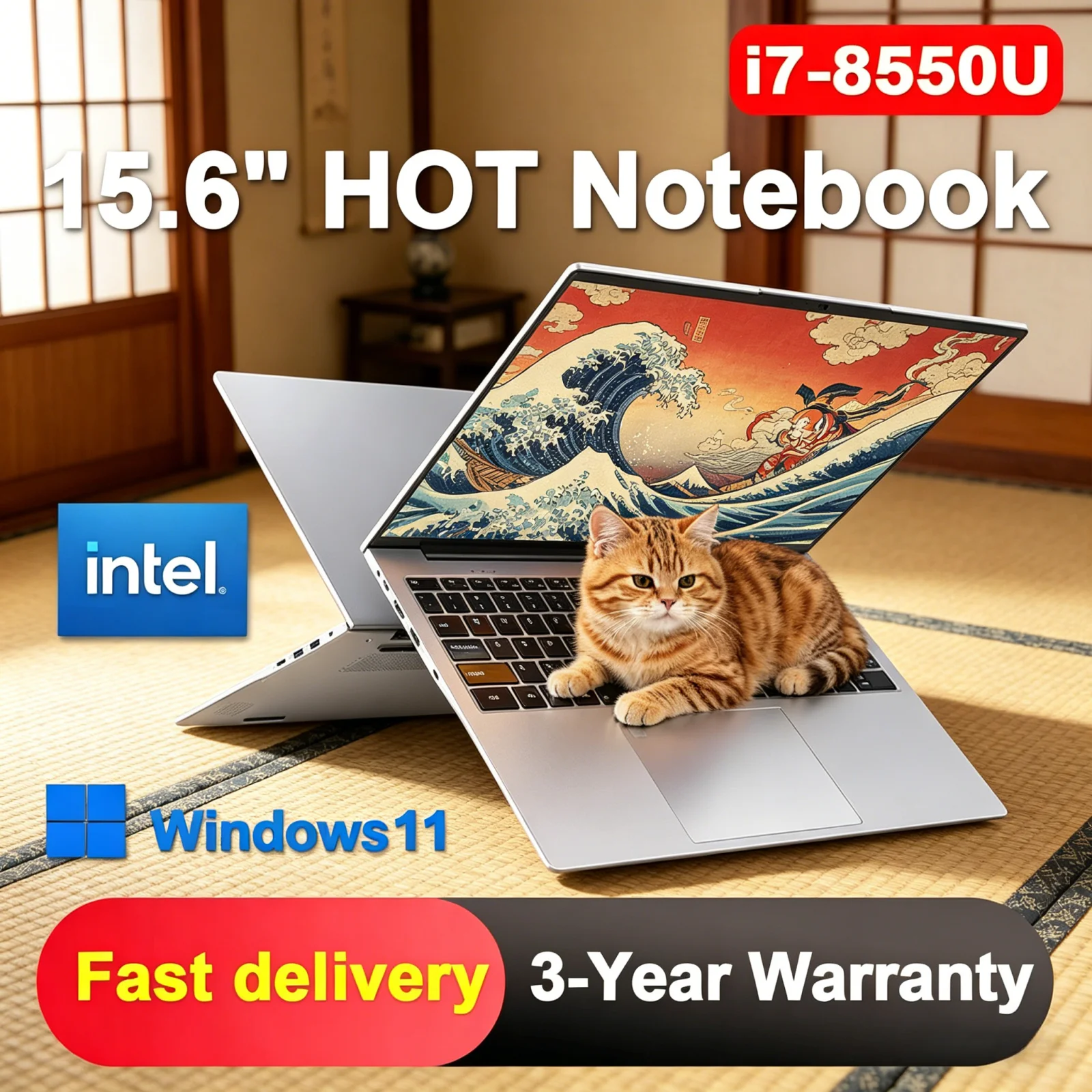 Ultra Thin 15.6 Inch Laptop PC Windows 11 Intel i7 8550U 32GB 2TB SSD Fingerprint Unlock Business Office Notebook