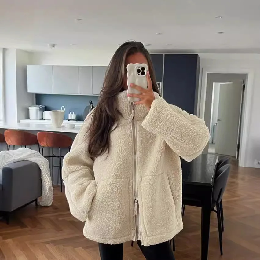 

Lamb Fur High Collar Woolen Coat Pure Color Lazy Sle Women's Faion 2024 Autumn Winter New Arrival Street Sle Long Sv...