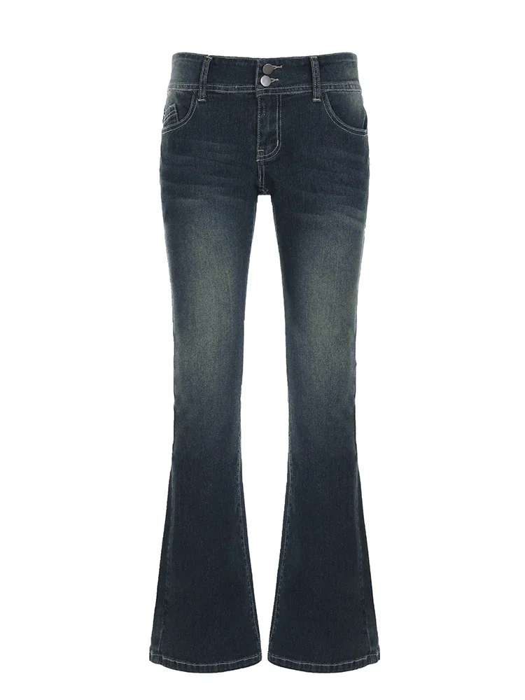 2025 Fashion Low Waisted Washed Flared Jeans Button Harajuku Aesthetic Pants Streetwear Basic Slim Pockets Y2K Bottoms