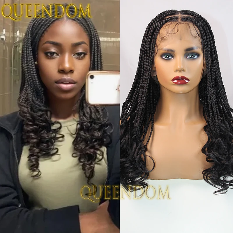 Syntetyczne warkocze bez węzłów peruka z kręconymi końcami 18-calowa pełna koronkowa francuska peruka z warkoczem bez węzłów Cornrow szydełkowe plecione peruki