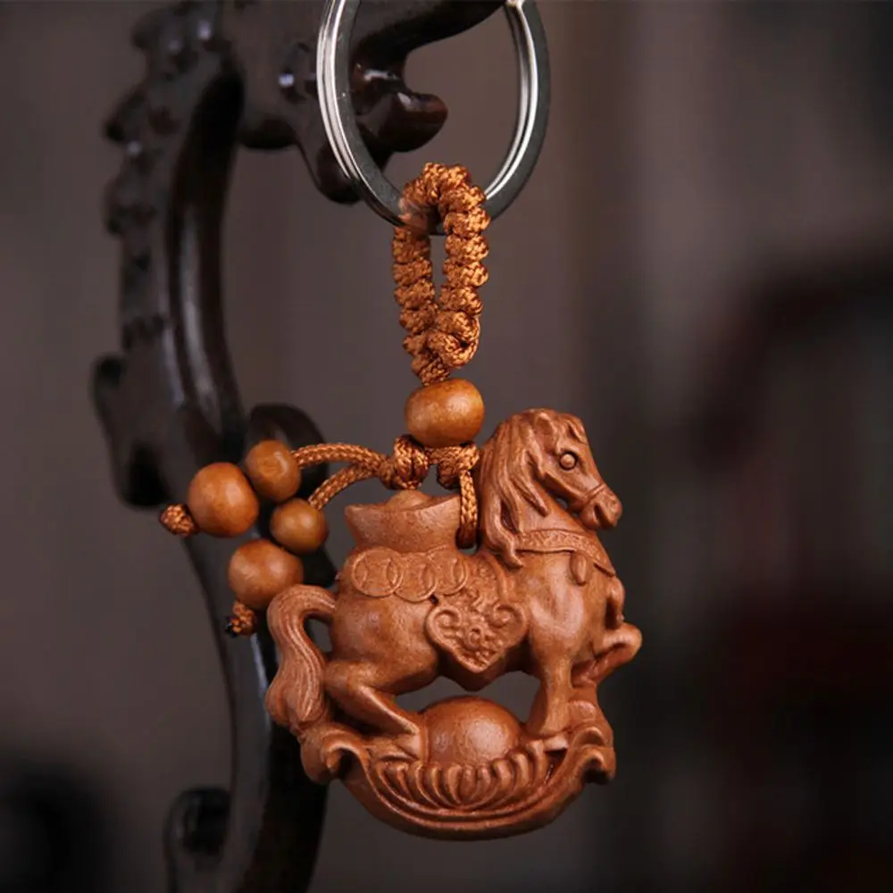 Animal Mascot Bag Pendant Fengshui Key Chain Ethnic Car Key Ring Mahogany Engraving Wood Keyring Keychain Chinese 12 Zodiac