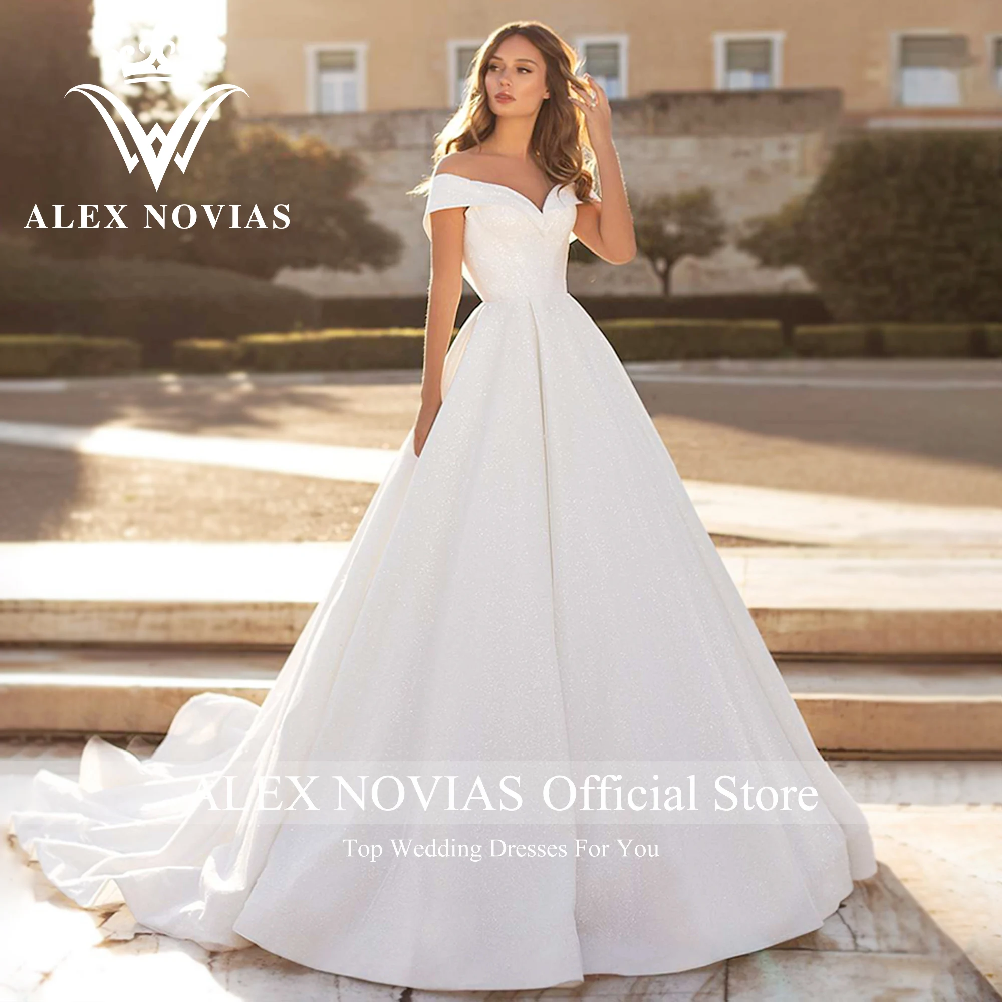 ALEX NOVIAS Ball Gown Satin Wedding Dresses 2023 Short Sleeve Semi-Transparent Sparkling Wedding Gown Vestidos Novias De Saten