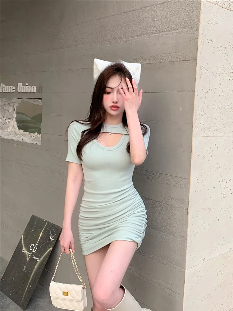 Robe de plage sans bretelles en fibre pour femmes, robe évidée, mini club, batterie, sexy, vêtements solides, vintage, rue, été, Y2K