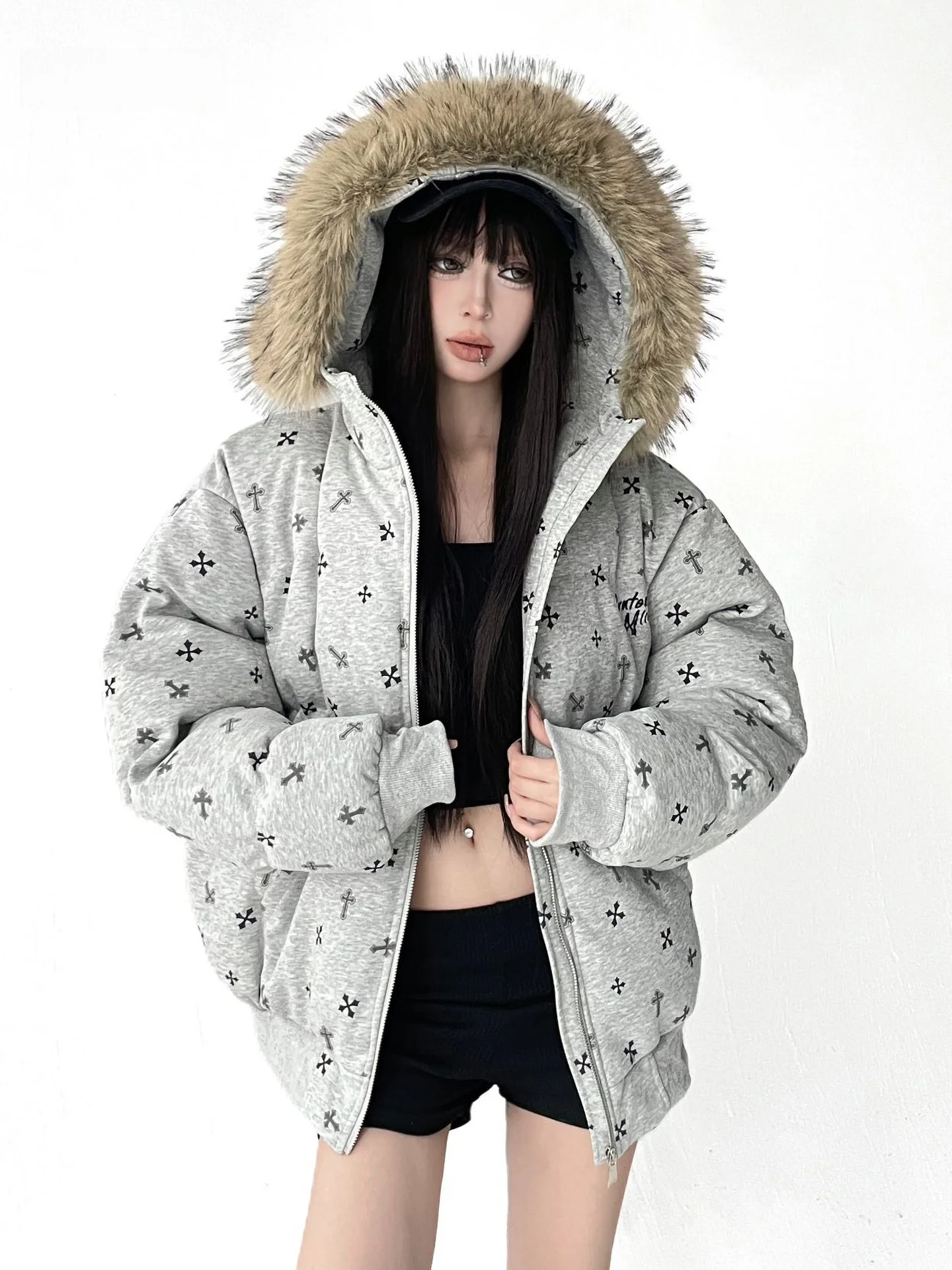 

Women's Retro Cotton Jaet with Large Fur Collar Street Sle Thiened Long Sve Hooded Zipper Closure Warm Faionable