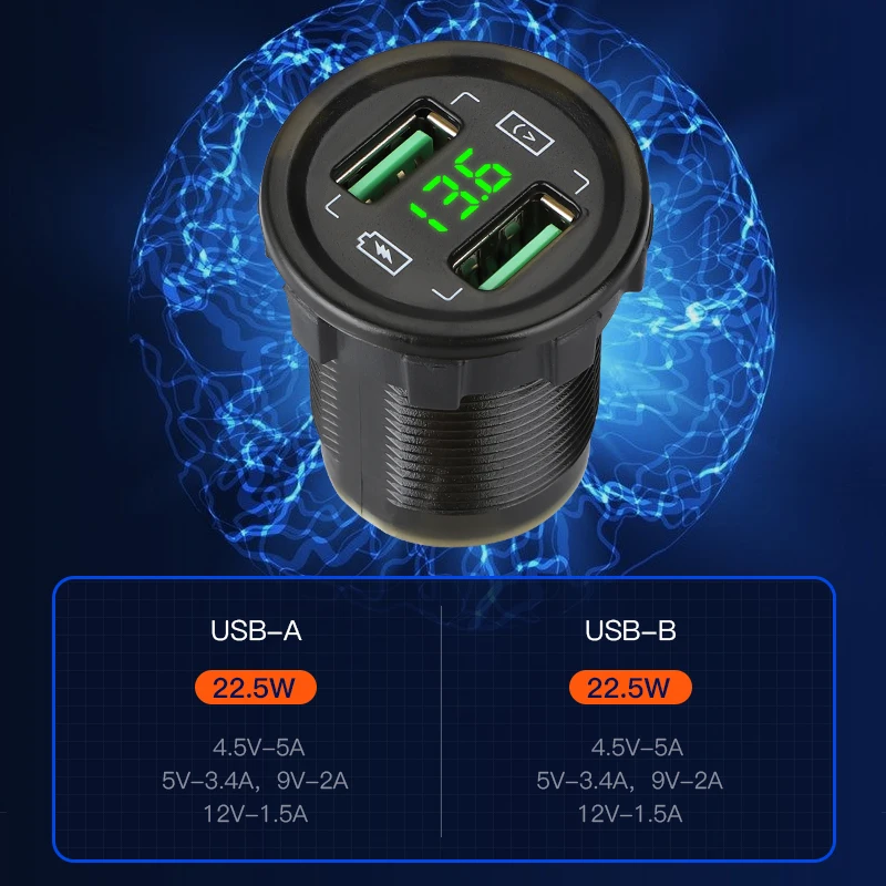 45W Dual USB Car Charger Panel Cigarette Lighter Socket Splitter Voltmeter Independent Switch 12V-24V Vehicles Boat Accessories