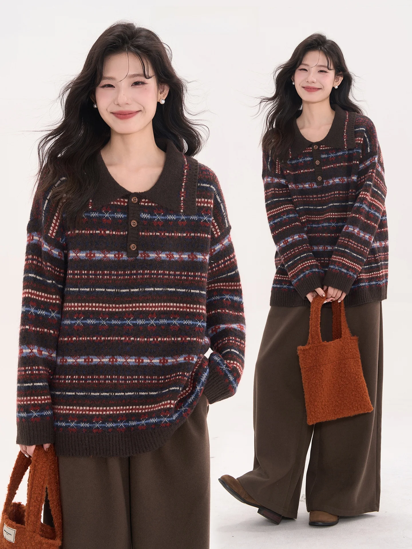 

Retro Knitted Wool Blend Thiened Collar Sweater for Women Autumn Winter Floral Field Window Heme 5 Polyester 95% Wool 5%