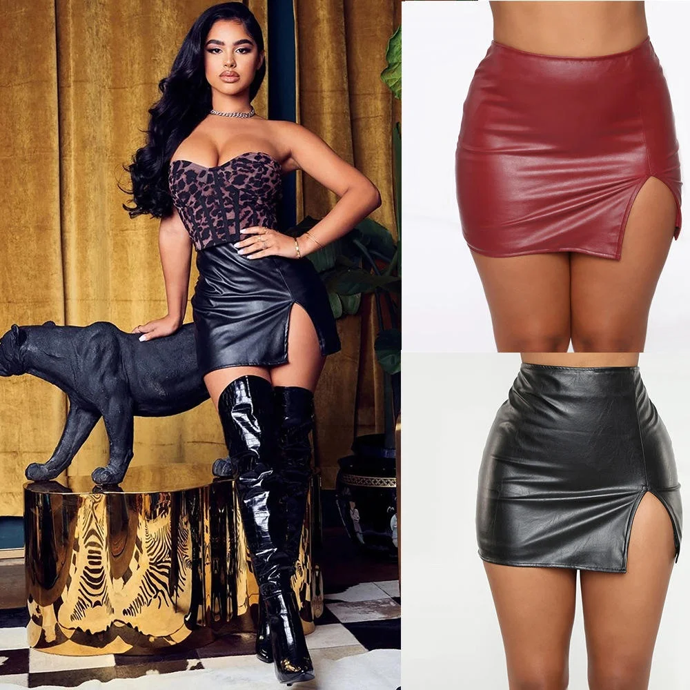 

High Waist ort PU Leather Skirt Sexy Bla Zipper Bodycon Club Night Outfit Women's Skirt Briti Sle Ciwalk