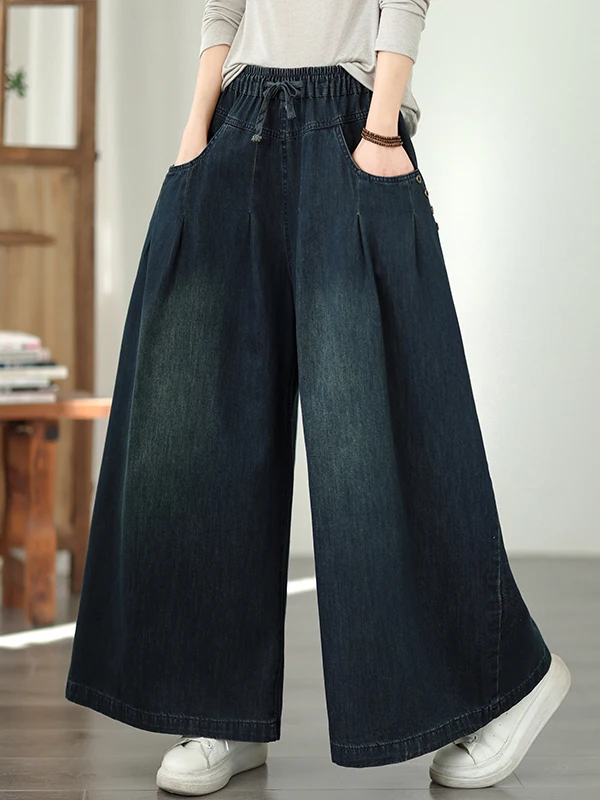 

Loose Wide Leg Denim Jeans plus Size Women's Casual Elastic Waist Pure Color Retro High Waist Sensation Pants Spring Autumn
