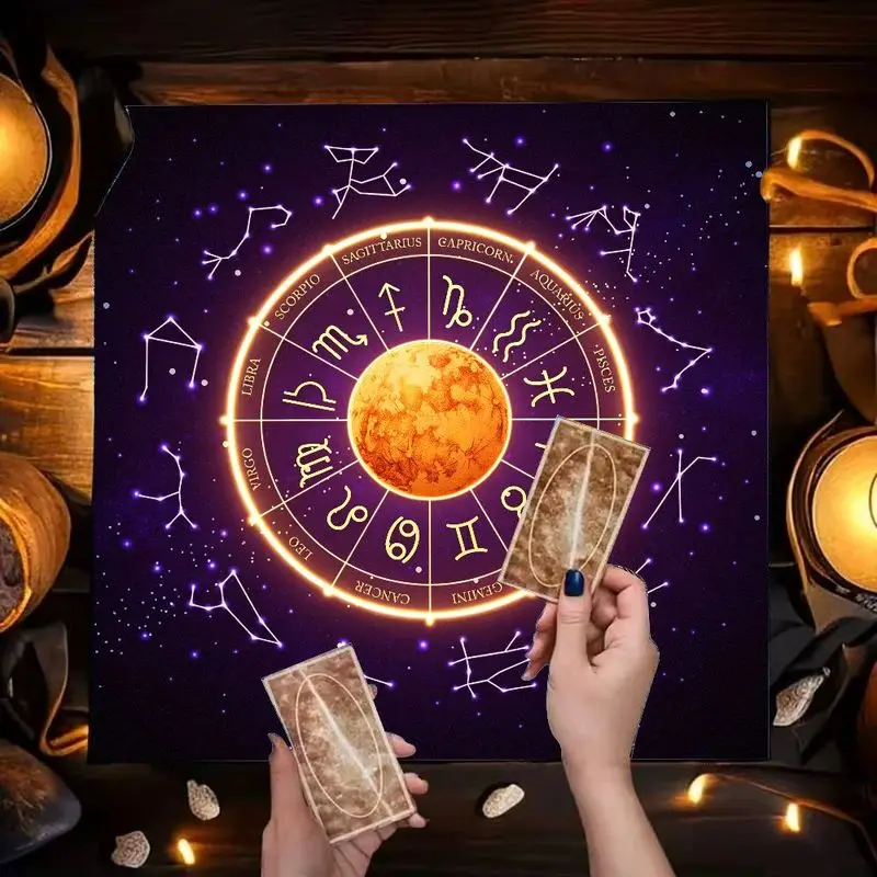 VIKAMA Neon Zodiac Wheel Tarot Table Cloth Purple Constellation Altar Cloth Astrology Witch Pagan Table Decor Mat