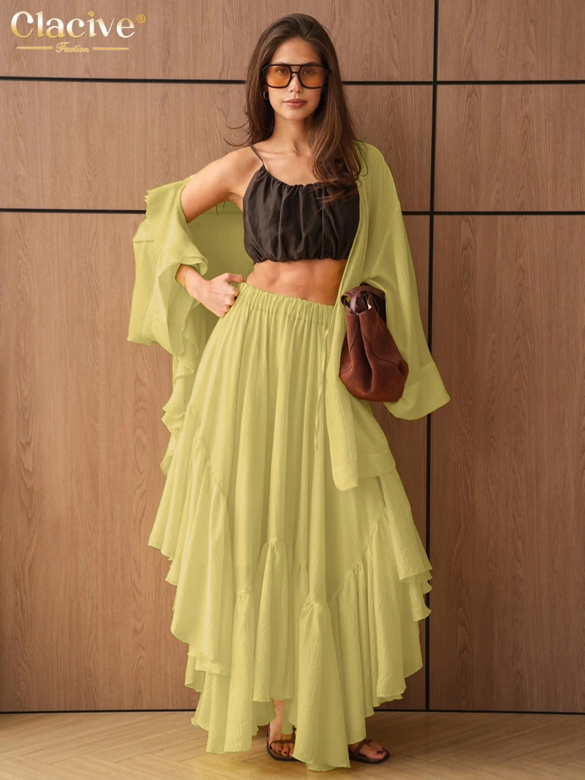 

Clacive Fashion Свободные желтые комплекты из двух предметов для женщин 2025 Элегантная рубашка с длинным рукавом и высокой талией Длинная плиссированная юбка Женский комплект