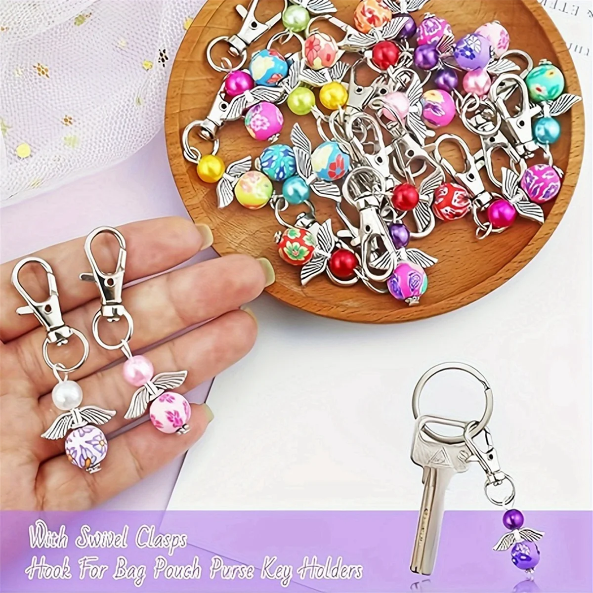 SEMOIC 20 Pcs Angel Wing Beads Angel Pearl Beads Pendant Keychain, with Swivel Clasps Hook for Bag Pouch Purse Key Holders