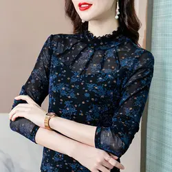 Women Retro Floral Print Ruffle Sexy Mesh Bright Silk Elegant Basic T Shirt Autumn Casual Half High Collar Long Sleeve Slim Tops