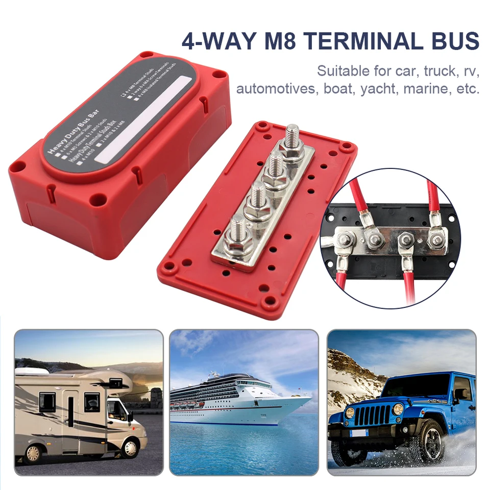 FONGKNOX 12V bis 48V 250A Sammelschiene 4-Wege 4-Terminal-Verteilerblock M8 (5/16 Zoll) Anschlussbolzen mit roter Abdeckung positiv für Autos, Lieferwagen, Wohnmobile, Anhänger, LKWs, Boote, Yachten FONGKNOX 12V bis 48V 250A Sammelschiene 4-Wege 4-Terminal-Verteilerblock M8 (5/16 Zoll) Anschlussbolzen mit roter Abdeckung positiv für Autos, Lieferwagen, Wohnmobile, Anhänger, LKWs, Boote, Yachten