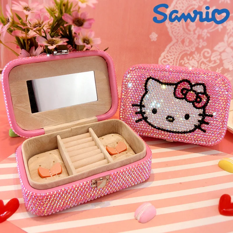 

Creative Sanrio Cartoon Hello Kitty Jewelry Box Sticking Diamond Cute Jewelry Bag Earnail Necklace Box Storage For Friends Gifts