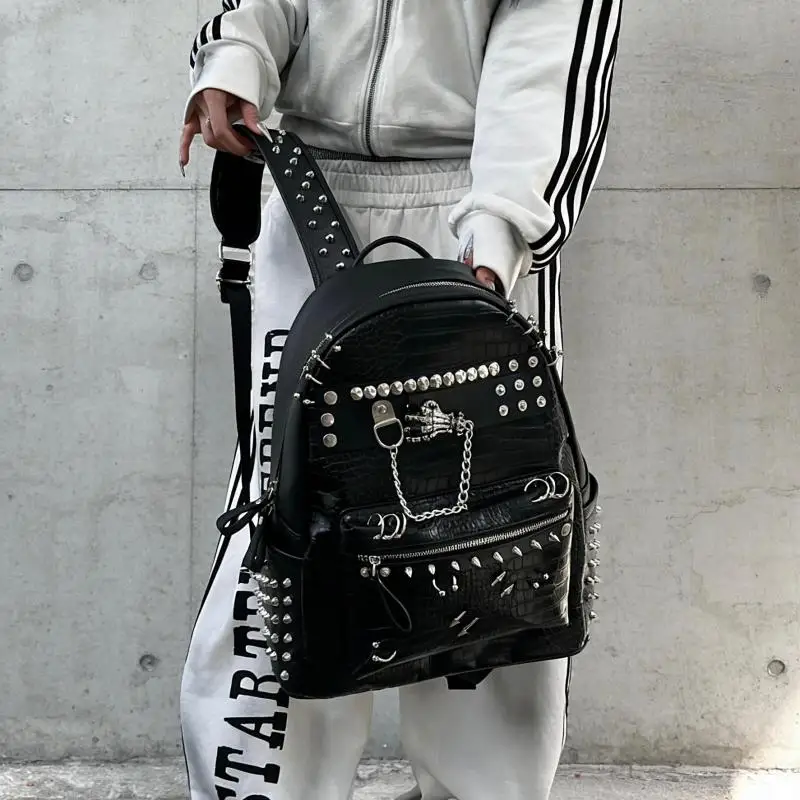 Original Design Punk Street Rivet Large Capacity Backpack Skull Bracelet Heavy Industry Neutral Backpack For Men And Women Trend