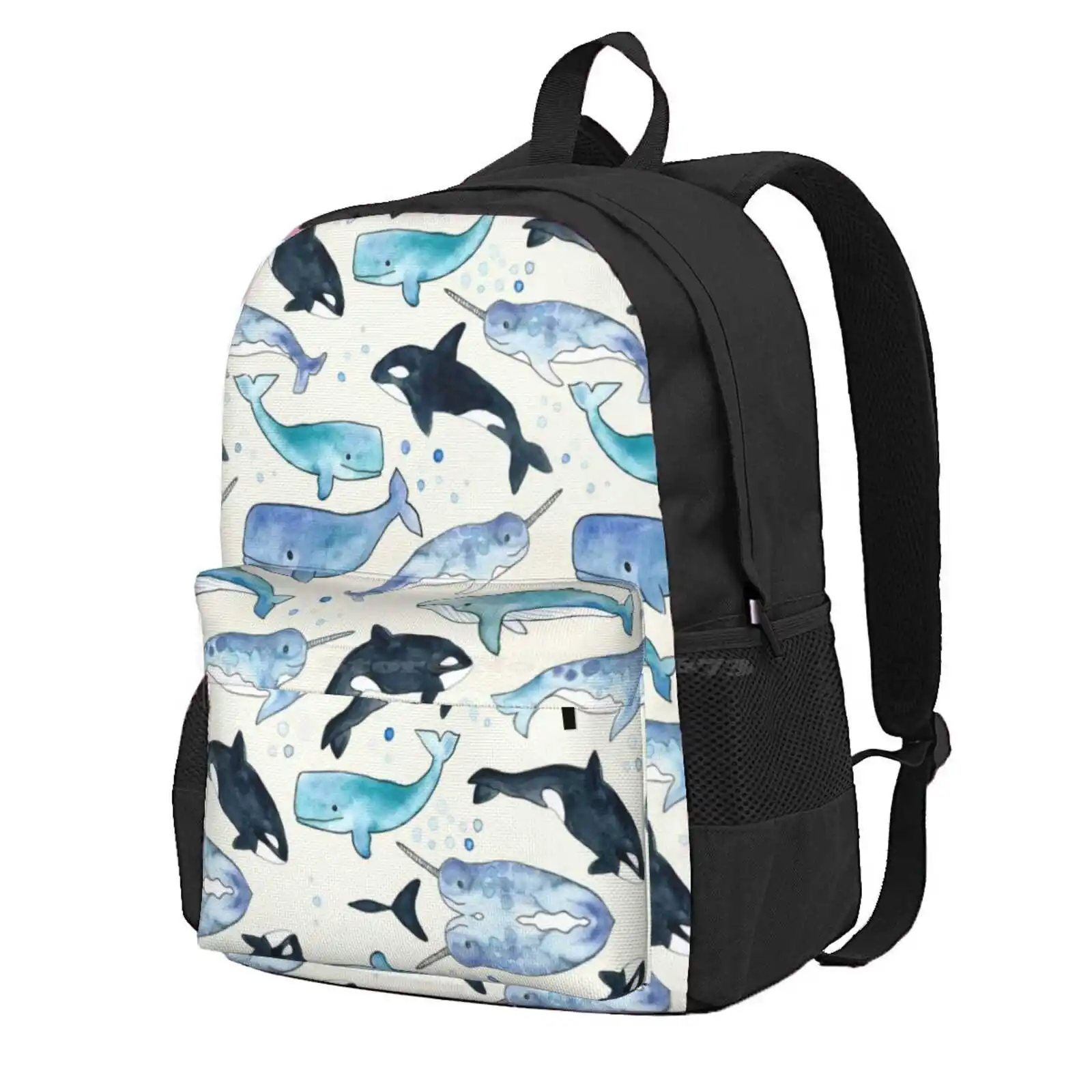 Whales, Orcas & Narwhals Hot Sale Schoolbag Backpack Fashion Bags Narwhals Killer Whales Orcas Blue Green Aqua Turquoise Black