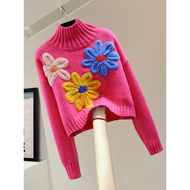 Autumn and Winter Sweater Female Fashion Flowers Temperament High Collar Long-sleeved Loose Short Paragraph Versatile Top Tide