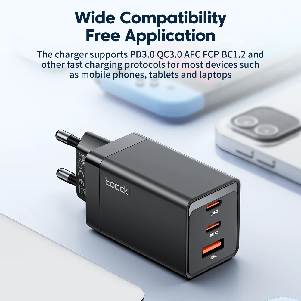 Toocki 67W GaN Charger 3 Ports USB C Quick Charge For Laptop EU/KR Plug Portable Wall Mobile Type C Fast Charger For iPhone 15