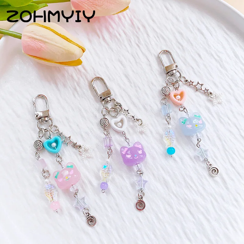 Cartoon Kittens Beaded Keychain Cure Animal Keychain Pendant For Women Girls Exquisite Backpack Decoration Accessories Gifts