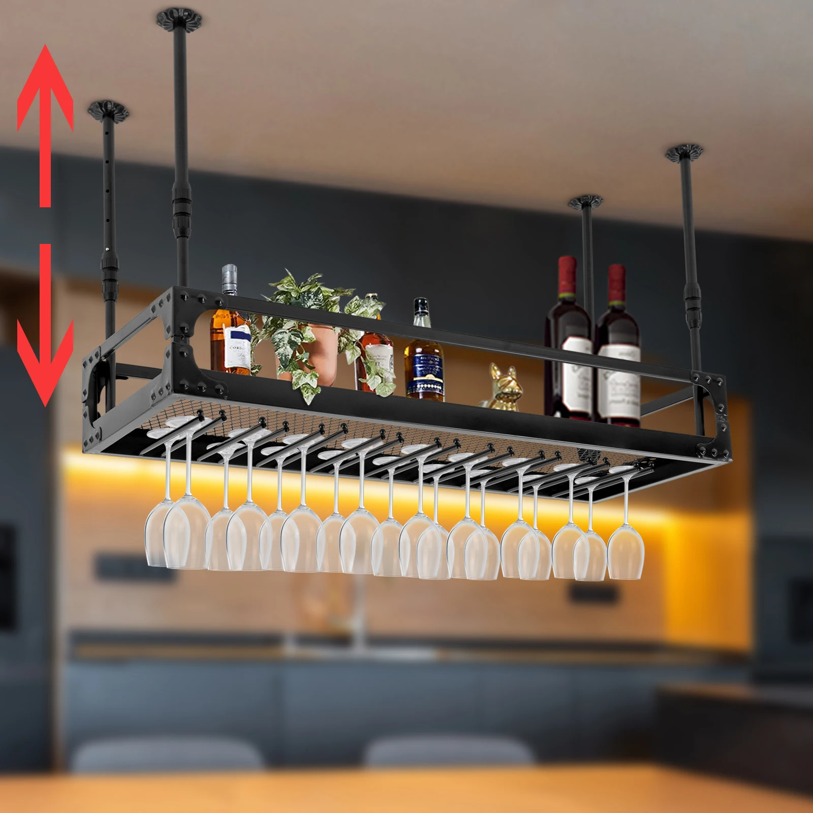 

1m Metal Ceiling Mounted Hanging Wine Goblet Rack Adjustable Height 35-55cm Glass Liquor Bottle Holder for Kitchen Bar Black