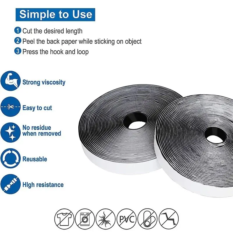 شريط لاصق سحري ذاتي اللصق ، قوي للغاية ، على الوجهين ، وسادة لاصقة ، خطاف رقيق وقفل حلقي ، أسود ، 2 ، 25 متر