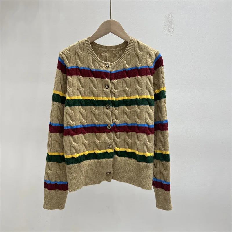 Sweaters Autumn and Winter New style round neck cardigan Fashion contrast stripe Fried Dough Twists craft long sleeve sweater