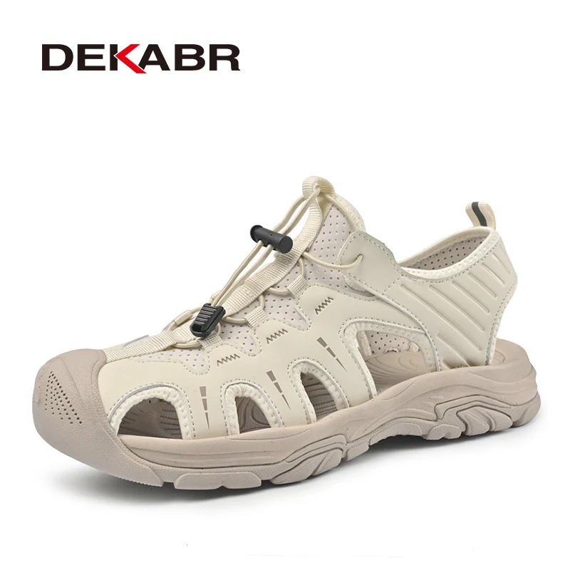 

DEKABR Mens Summer Genuine Leather Casual Breathable Closed Toe Anti Slip Drawstring Wear Resistant Sole Comfort Beach Sandals