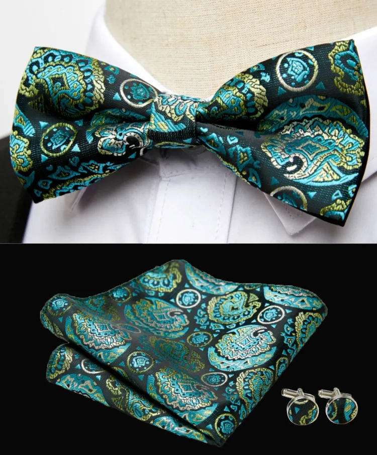 HUISHI Klassische blaue Fliege für Männer, Paisley-Blumenfliege, Einstecktuch, Manschettenknöpfe, Anzug-Set, Hochzeit, Party, kariert, solide Schmetterling – Detail 23