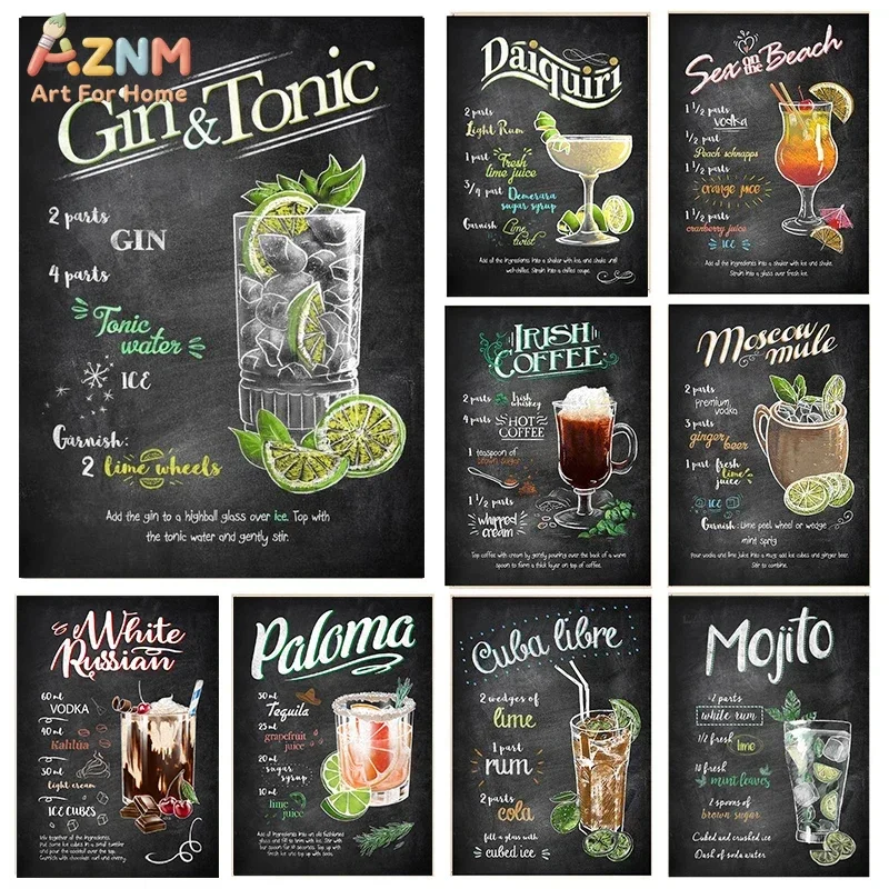AZNM Chalkboard Style Cocktail Recipe Canvas Wall Art, Bar & Kitchen Decor Print, Classic Drinks Poster
