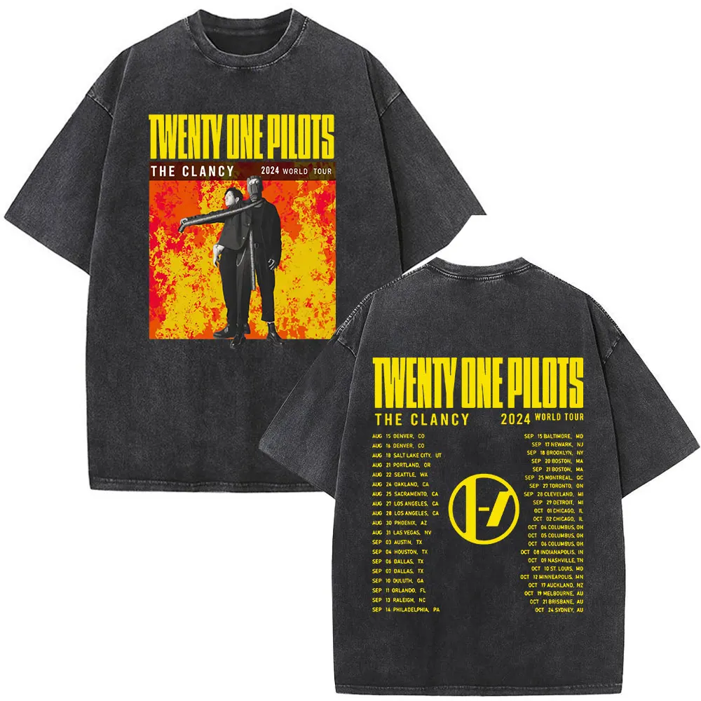 Twenty One Pilots Vintage Washed T-shirt The Clancy World Tour Merch Short Sleeve T Shirts Mens Women Cotton T-shirts Streetwear