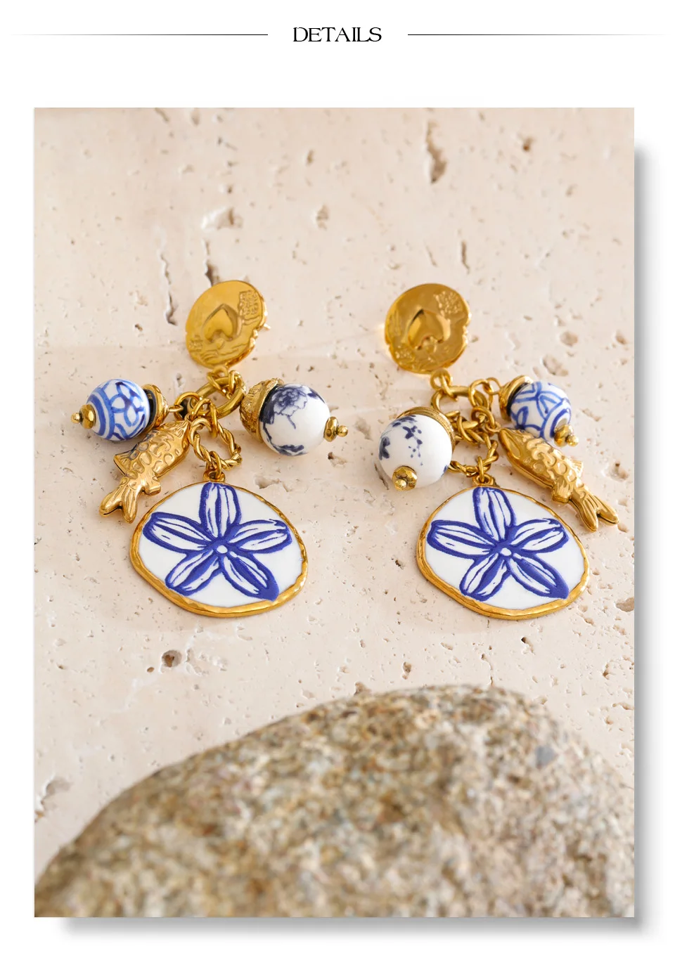 Yhpup Exklusiver Stil Edelstahl-Keramikperlen-Blumen-Tropfen-Ohrringe Allergievorbeugend Sommer Goldener Ästhetischer Schmuck – Detail 8