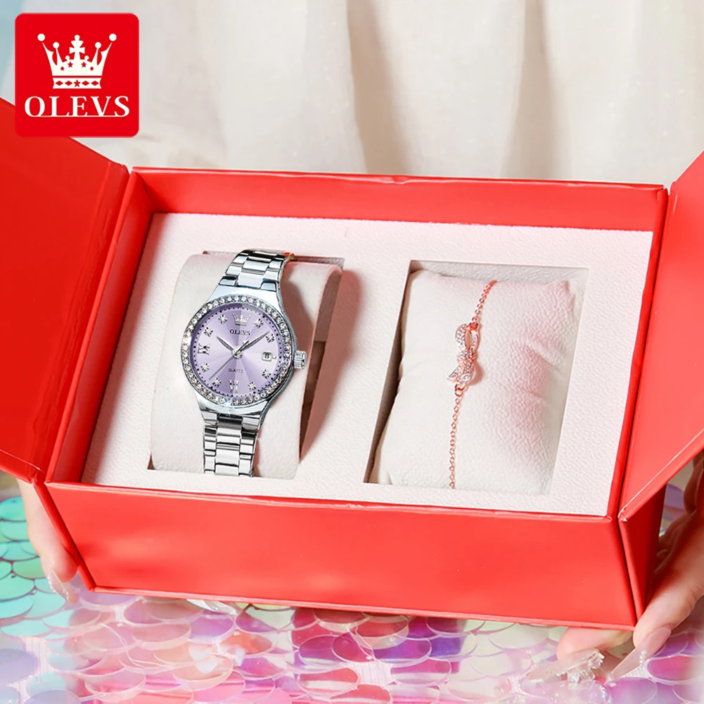 OLEVS 5628 Women Watch Luxury Elegant Quartz Watch Stainless Steel Waterproof Luminous Diamond Bezel Ladies Watch Bracelet Set