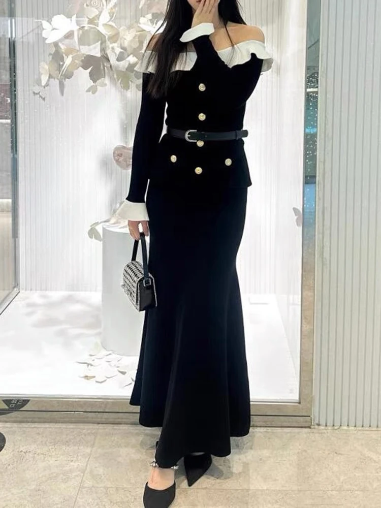 Black and white color collision ruffled collar long-sleeved women's dress temperament elegant Slim banquet party dresses