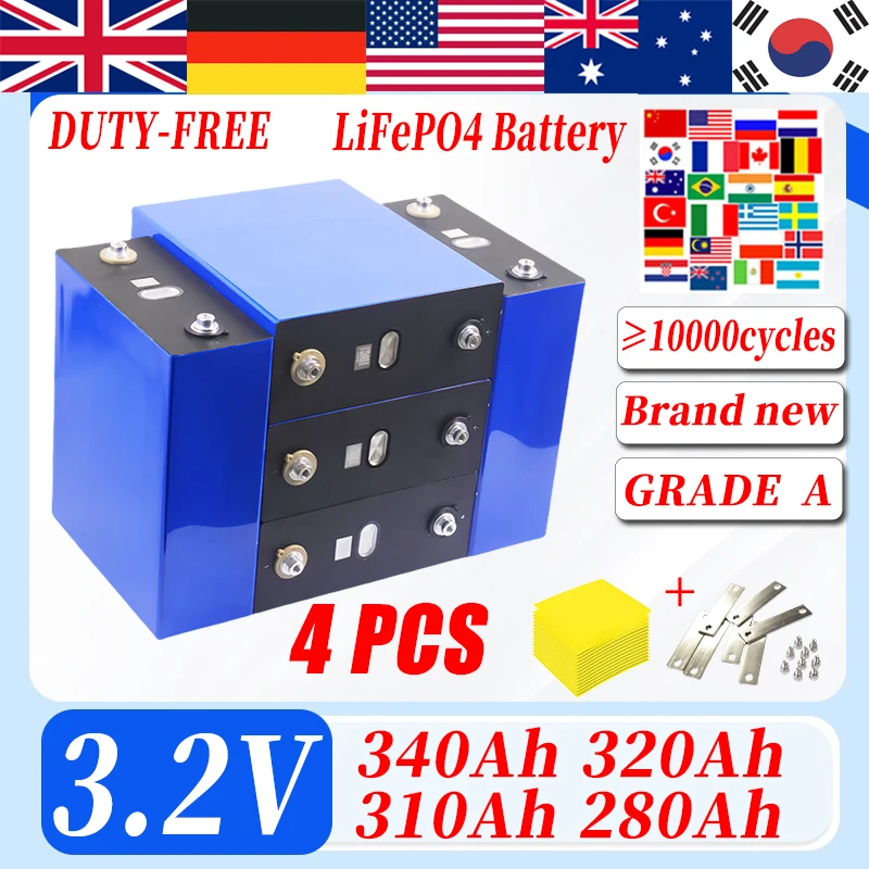 

4 шт. 3,2 В 320 Ач 310 Ач 280 Ач 340 Ач LiFePO4 аккумулятор Литий-железо-фосфатный аккумулятор для 4S 12 В гольф-кар Яхта RV солнечный аккумулятор