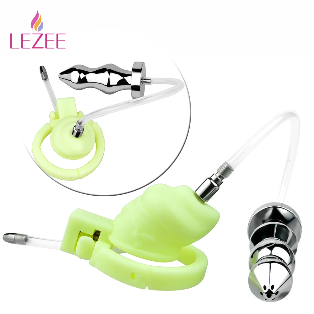 LEZEE Male Chastity Cage Silicone Urethral Tube With Metal Anal Plug Anus Sounding Cock Cage Penis Inserting BDSM Sex Toys Men