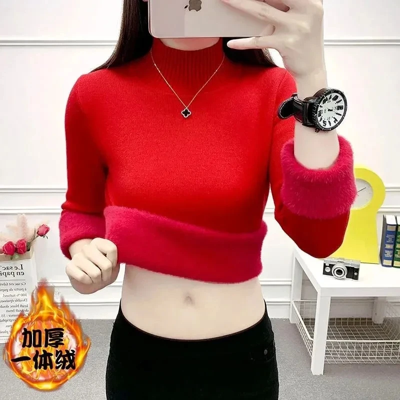 Winter Velvet Lined Warm Half Turtleneck Sweater Women Pullover 2025 New Slim Thick Plush Elastic Knitwear Sweater Female Jumper