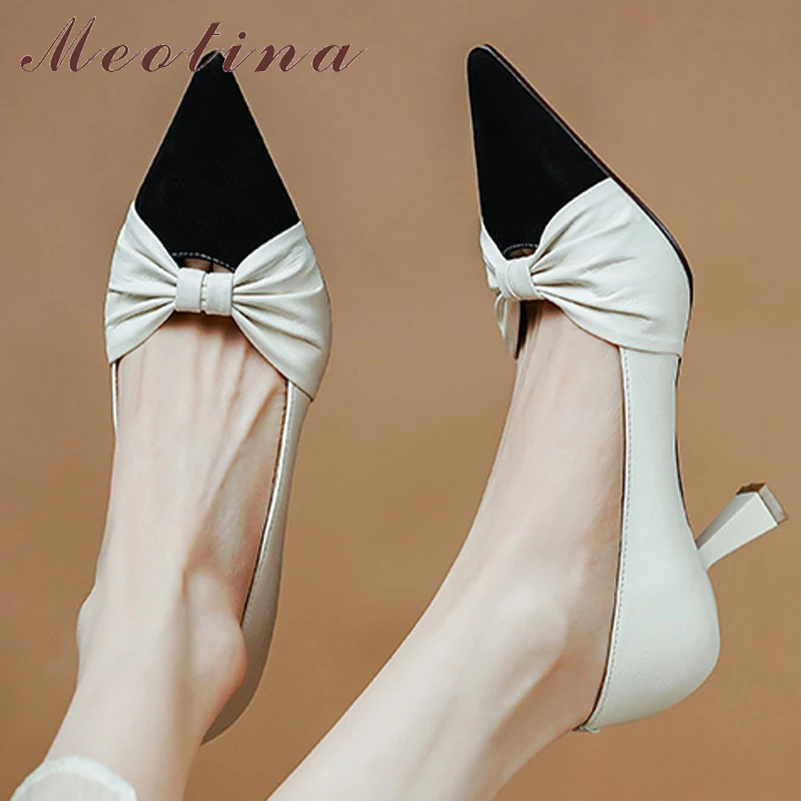 

Женские туфли с острым носком Meotina, туфли-лодочки из натуральной овечьей кожи на тонком высоком каблуке, с плиссировкой, разные цвета, весна-осень