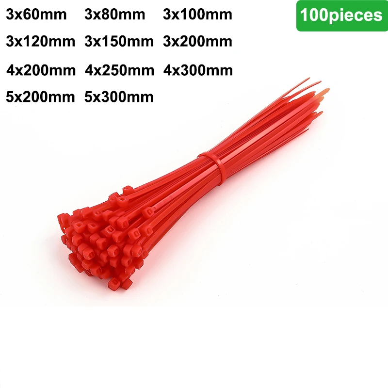 100pcs/bag Cable Tie Self-Locking 3x100mm/4x200mm/5x300mm Plastic Nylon Tie Fastening Ring Zip Wraps Strap Tie Red Green Yellow