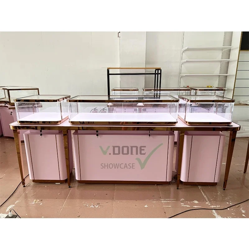 custom.Factory Paint Gold Jewelry Store Display Cabinet Wooden Glass showcase Round Stainless Steel Jewelry Counter