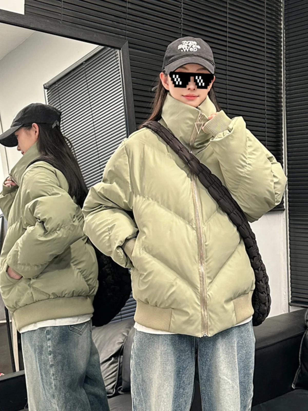 

Short Green Cotton Jacket Men's Winter Fashion Brand 2024 New Style American Retro Boys Outerwear Stand Collar Warmth