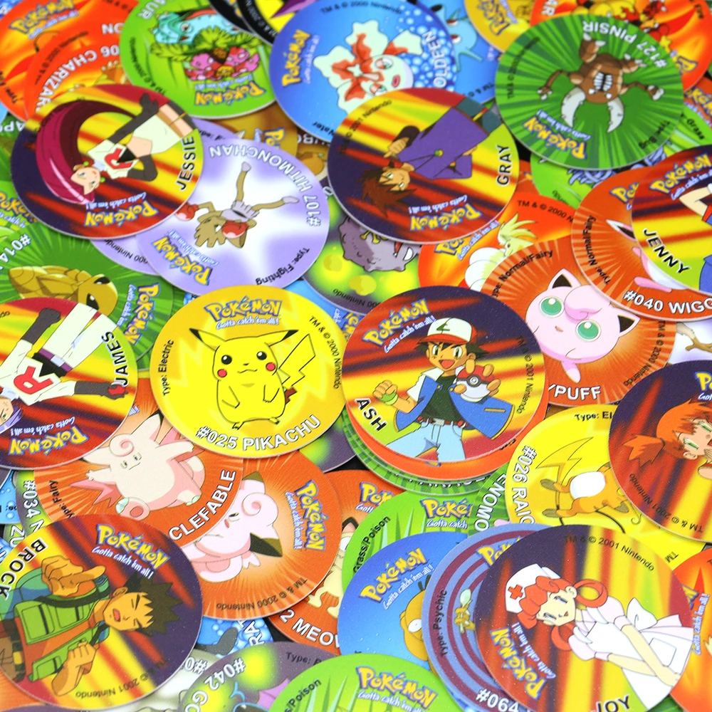 30pcs Ash Ketchum Tazos Pokemon Starter Pokemon Taps Collection Card Pikachu Trainer Round Pogs Cheetos Chipitaps 1st Edition